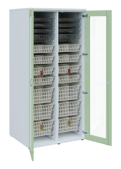 EUROMEDICA S - 90 skříň léková boxová, 2-dveřová/prosklená, 1950x900x735, korpus bílý, dvířka šedo-zelinkavá